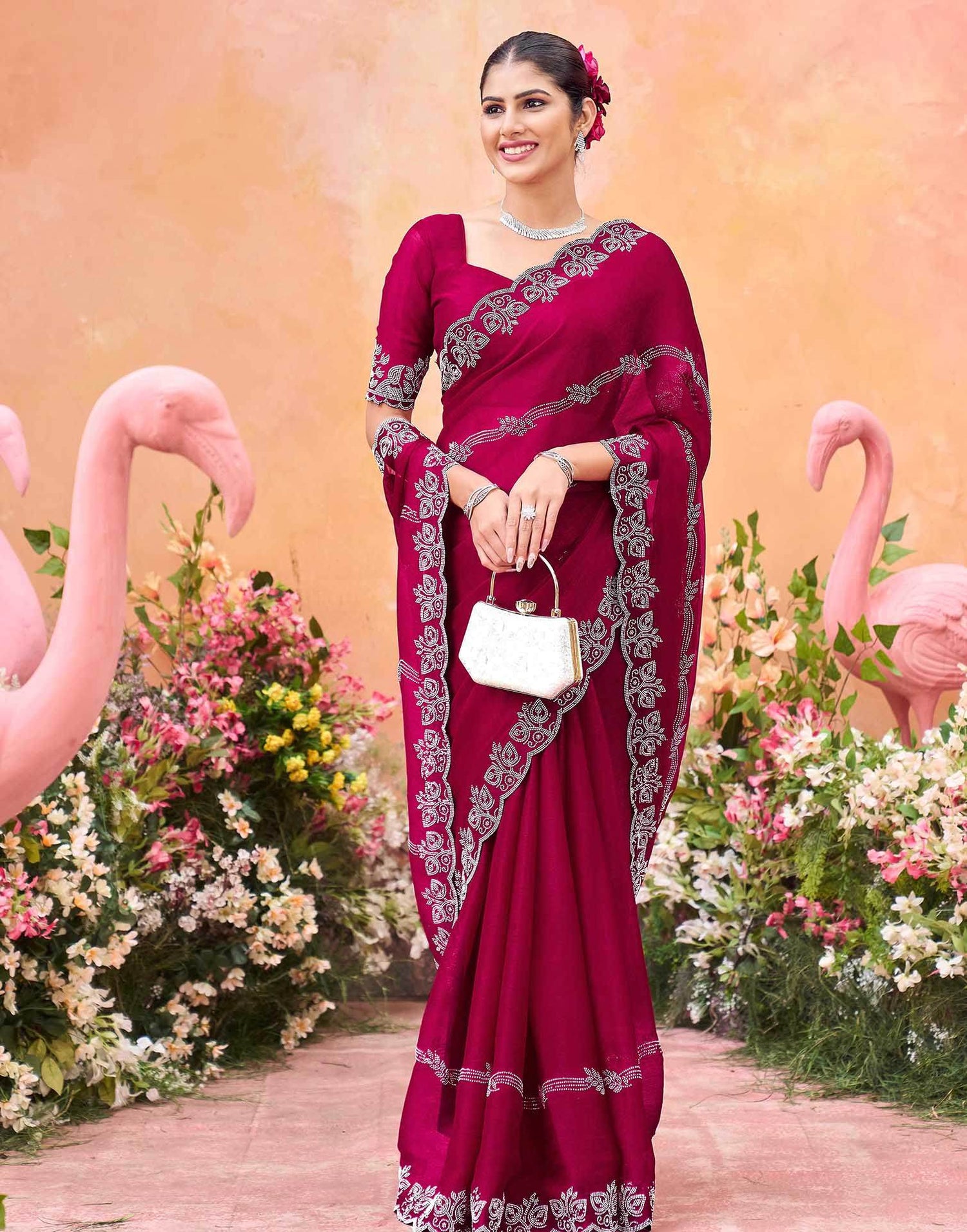 Dark Rani Pink Shimmer Stone Work Embellished Saree