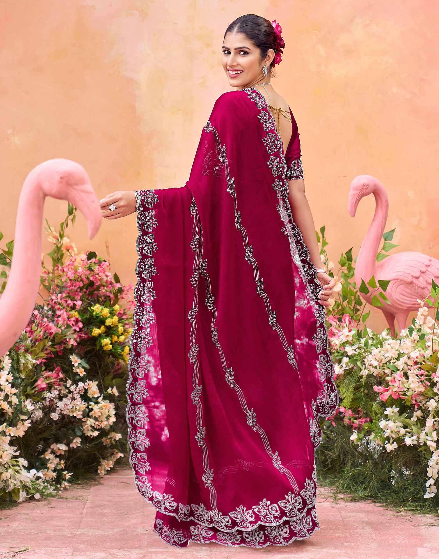 Dark Rani Pink Shimmer Stone Work Embellished Saree