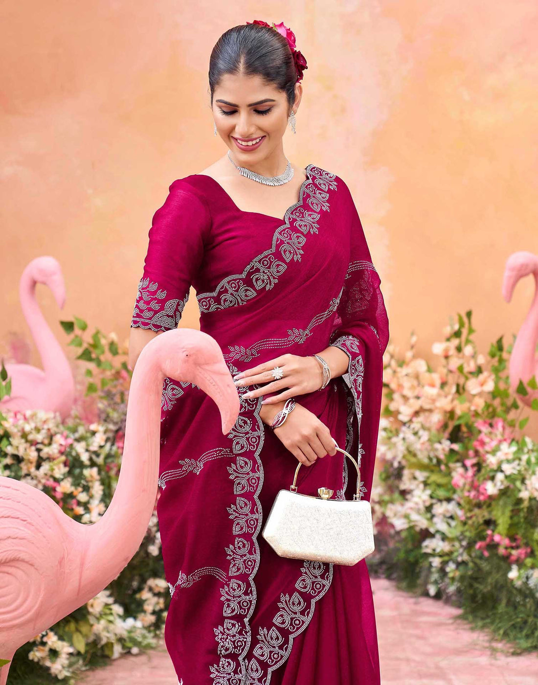 Dark Rani Pink Shimmer Stone Work Embellished Saree