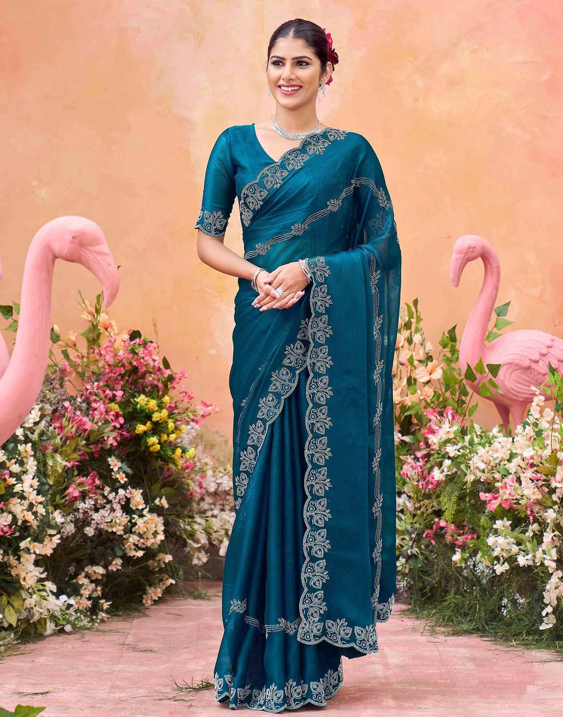 Teal Blue Shimmer Stone Work Embellished Saree