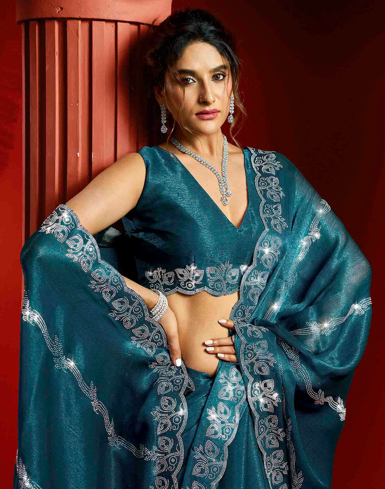 Teal Blue Shimmer Stone Work Embellished Saree