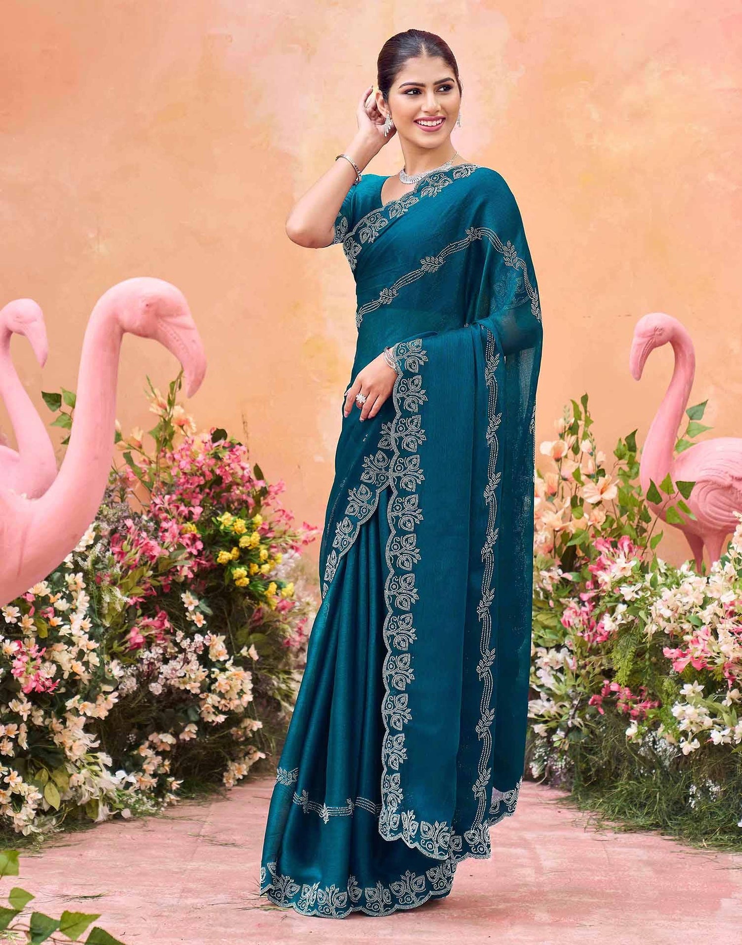 Teal Blue Shimmer Stone Work Embellished Saree