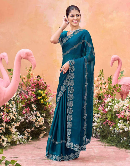 Teal Blue Shimmer Stone Work Embellished Saree
