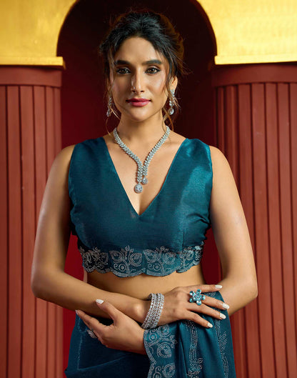 Teal Blue Shimmer Stone Work Embellished Saree