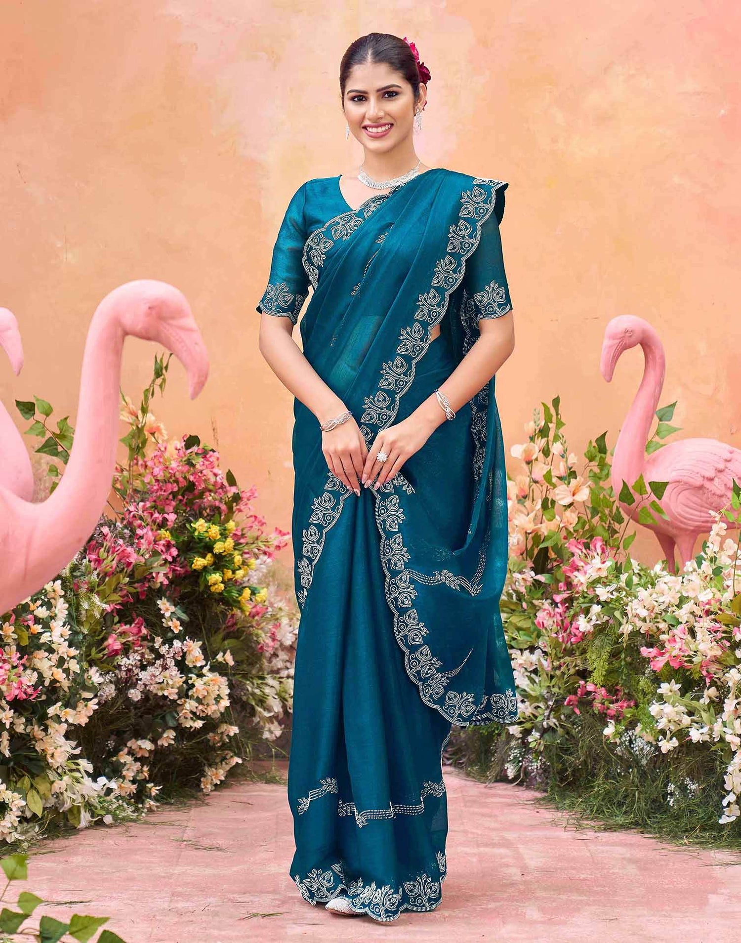 Teal Blue Shimmer Stone Work Embellished Saree