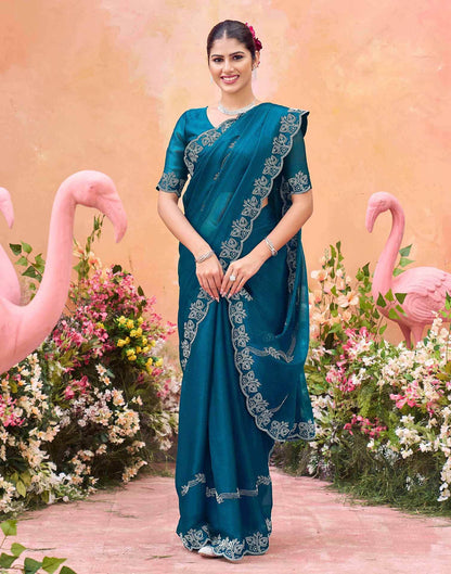Teal Blue Shimmer Stone Work Embellished Saree