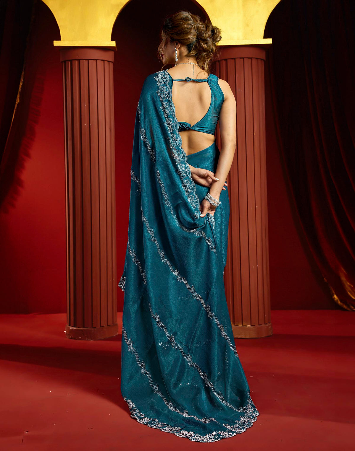 Teal Blue Shimmer Stone Work Embellished Saree