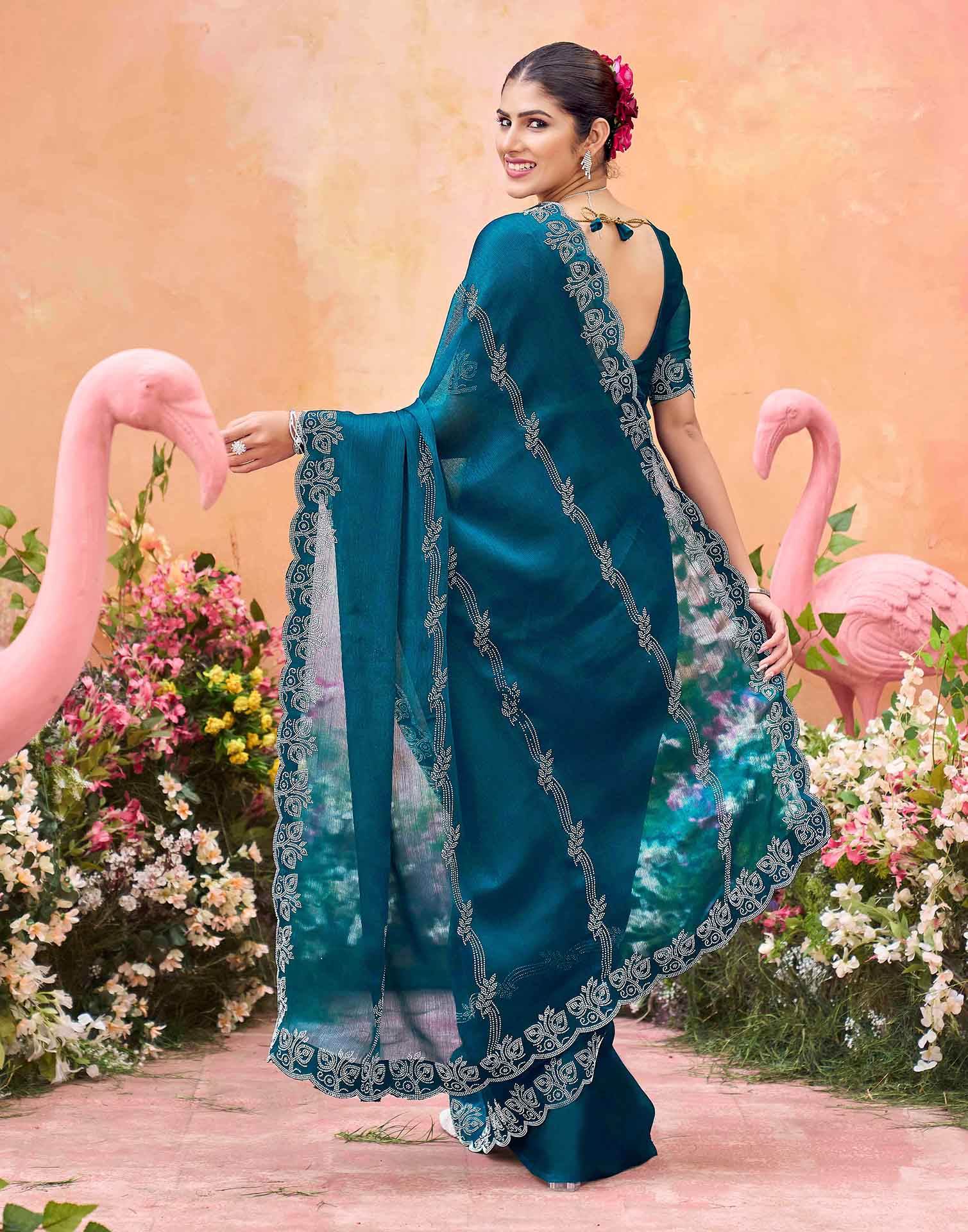 Teal Blue Shimmer Stone Work Embellished Saree