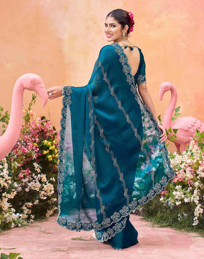 Teal Blue Shimmer Stone Work Embellished Saree