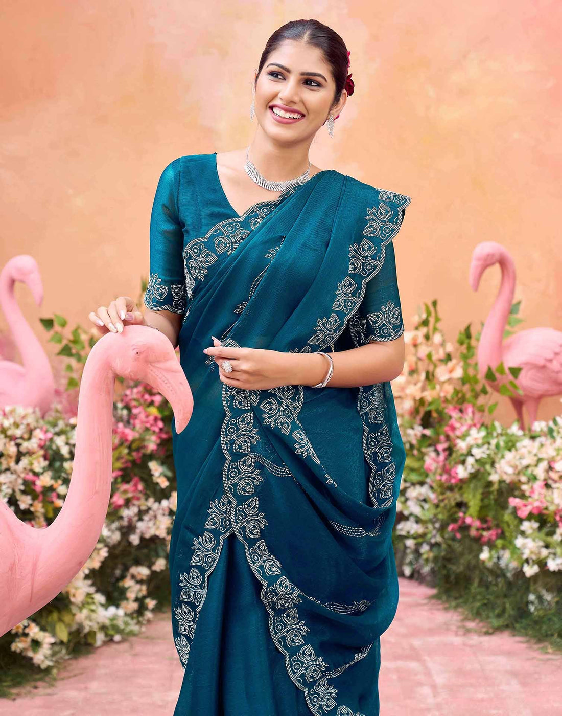 Teal Blue Shimmer Stone Work Embellished Saree