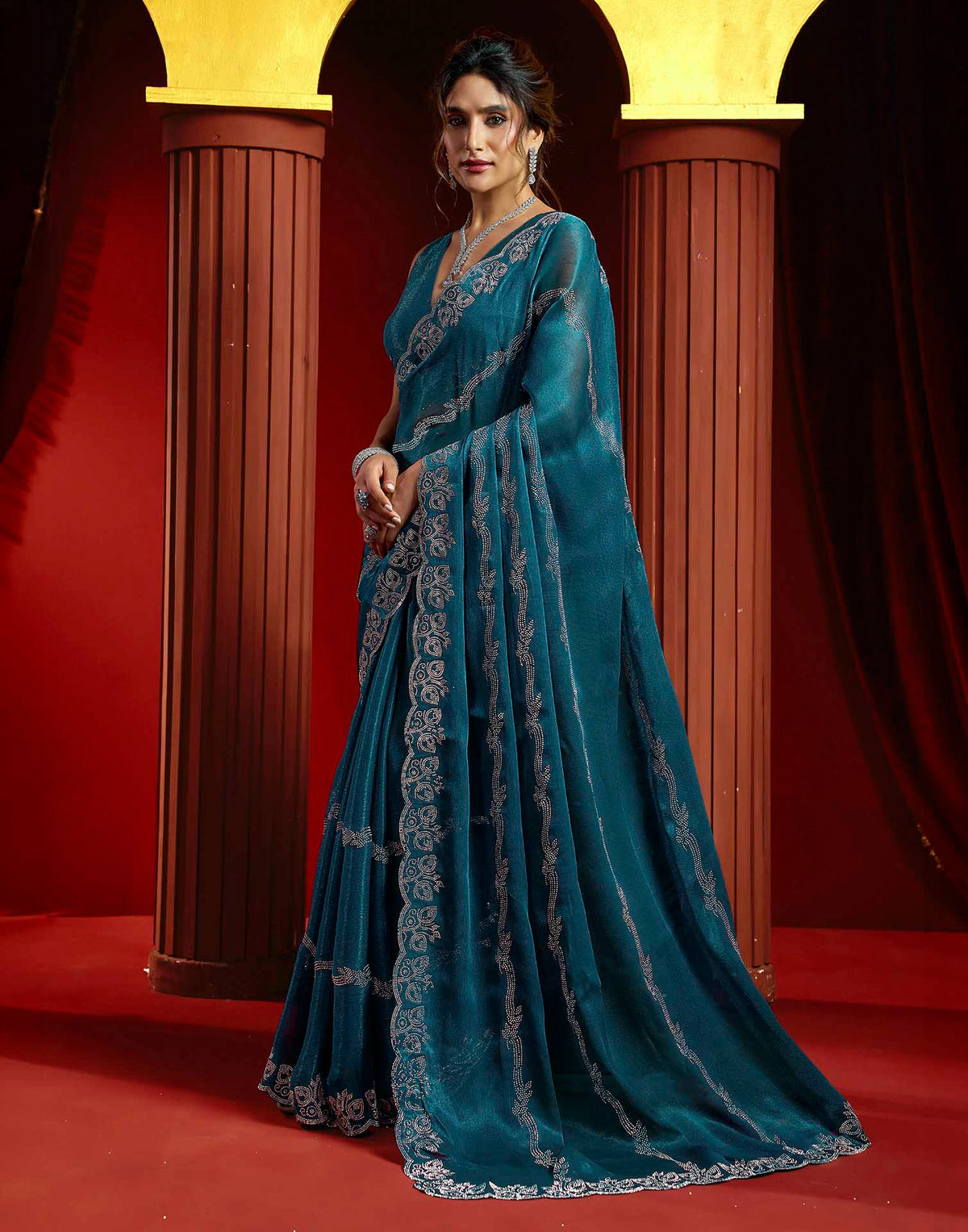 Teal Blue Shimmer Stone Work Embellished Saree