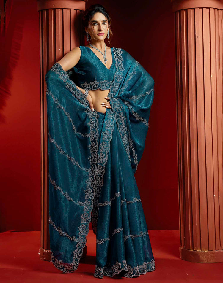 Teal Blue Shimmer Stone Work Embellished Saree