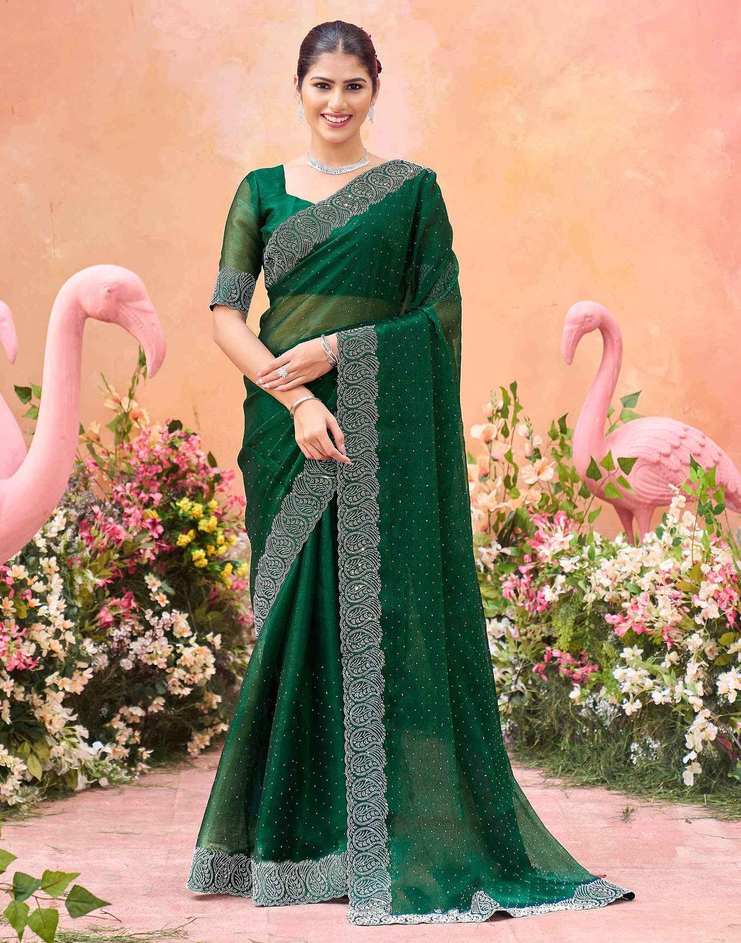 Dark Green Shimmer Stone Work Swarovski Saree