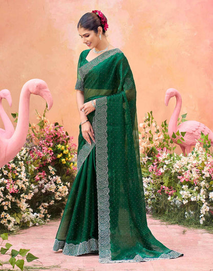 Dark Green Shimmer Stone Work Swarovski Saree