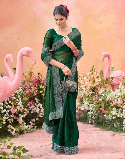 Dark Green Shimmer Stone Work Swarovski Saree