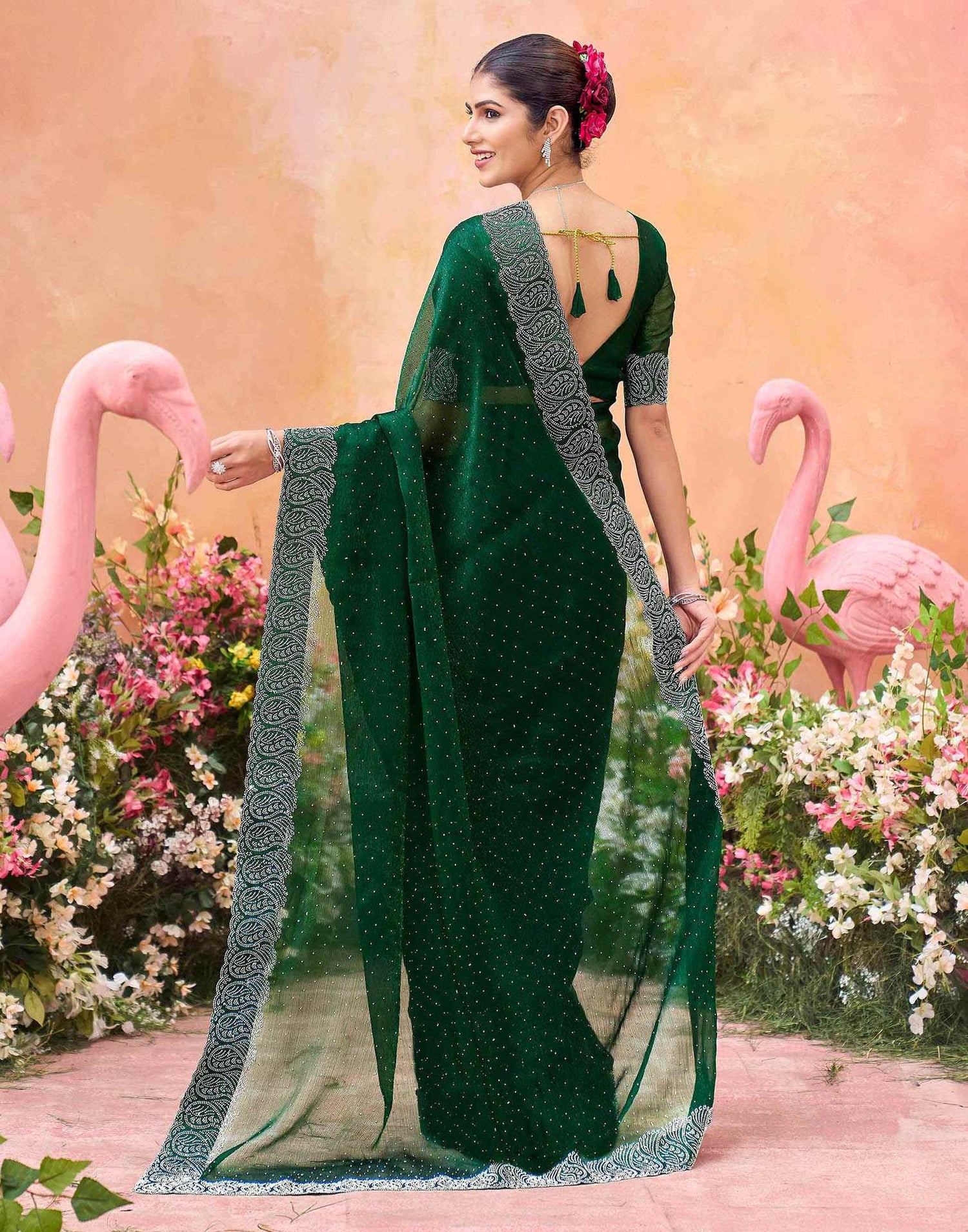 Dark Green Shimmer Stone Work Swarovski Saree