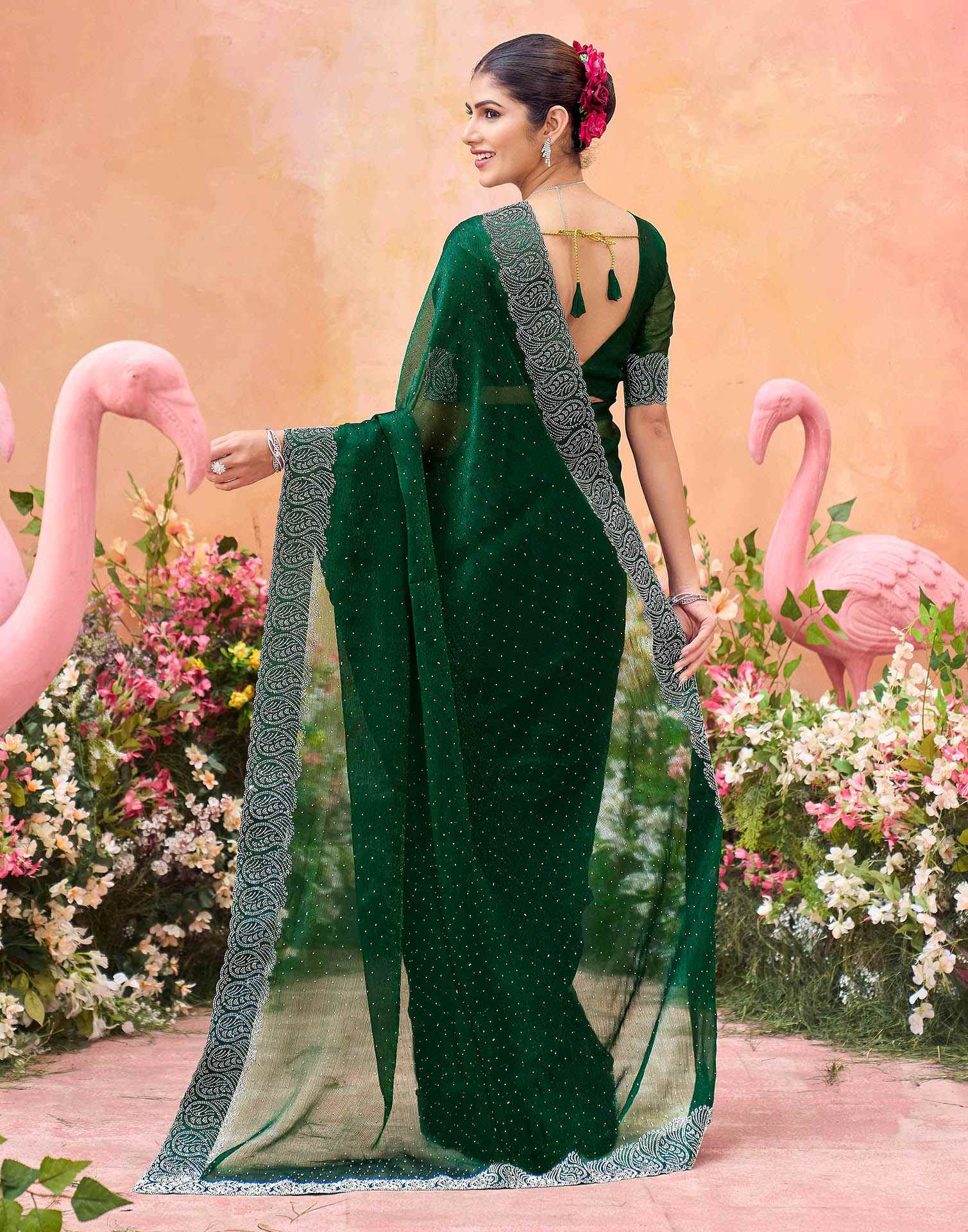 Dark Green Shimmer Stone Work Swarovski Saree