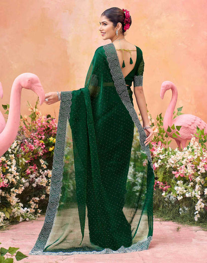 Dark Green Shimmer Stone Work Swarovski Saree