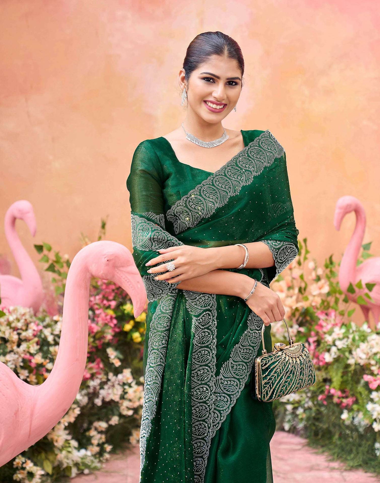 Dark Green Shimmer Stone Work Swarovski Saree