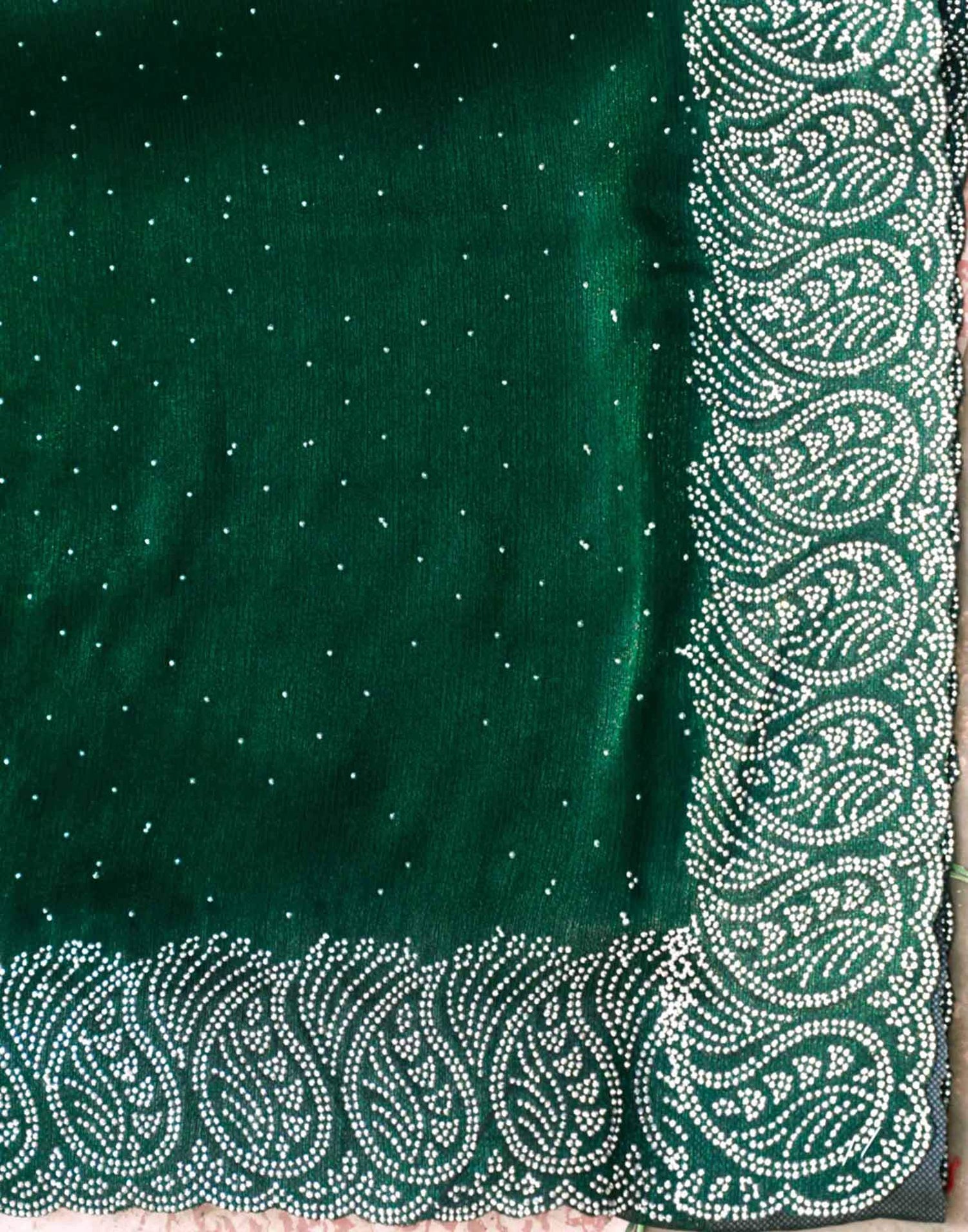 Dark Green Shimmer Stone Work Swarovski Saree