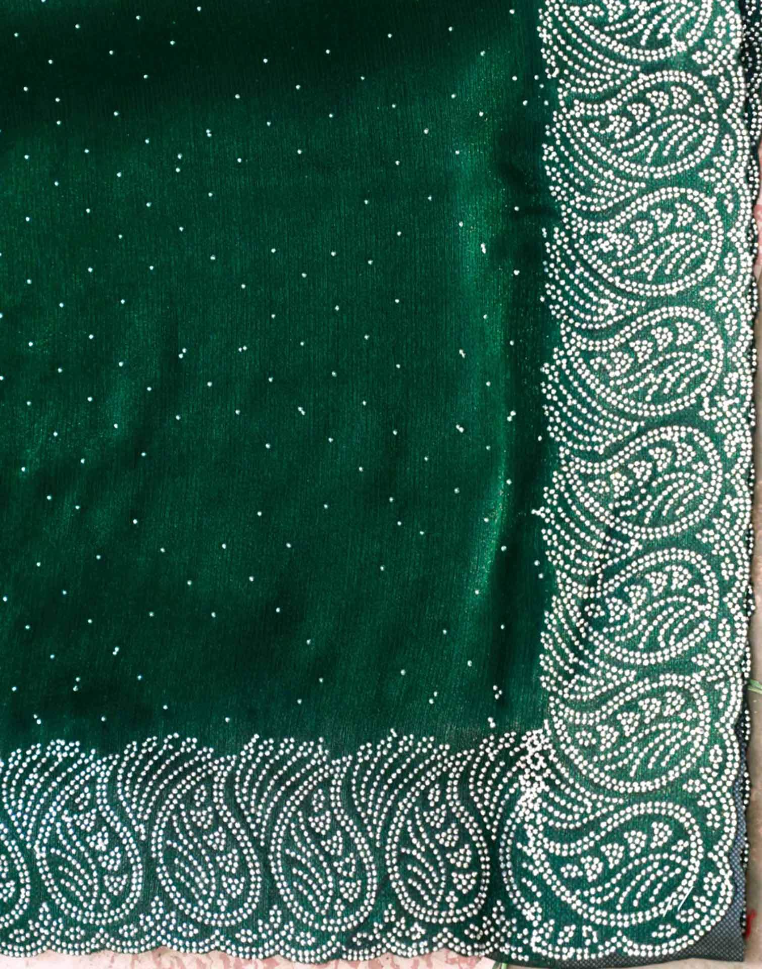 Dark Green Shimmer Stone Work Swarovski Saree