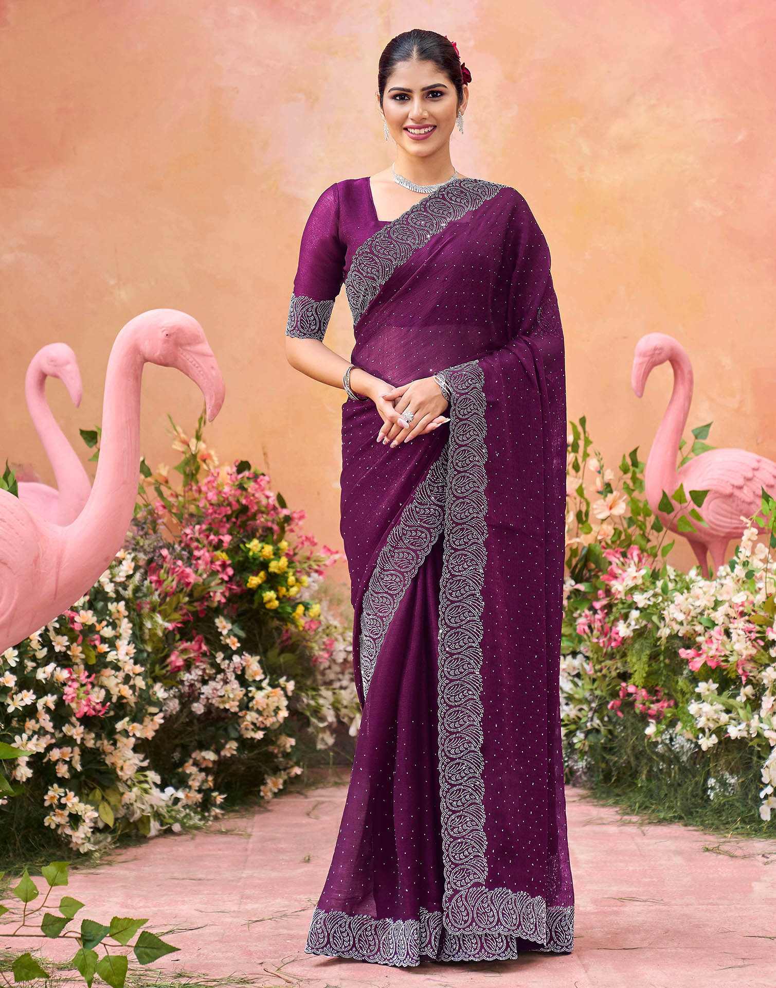 Purple Shimmer Stone Work Swarovski Saree