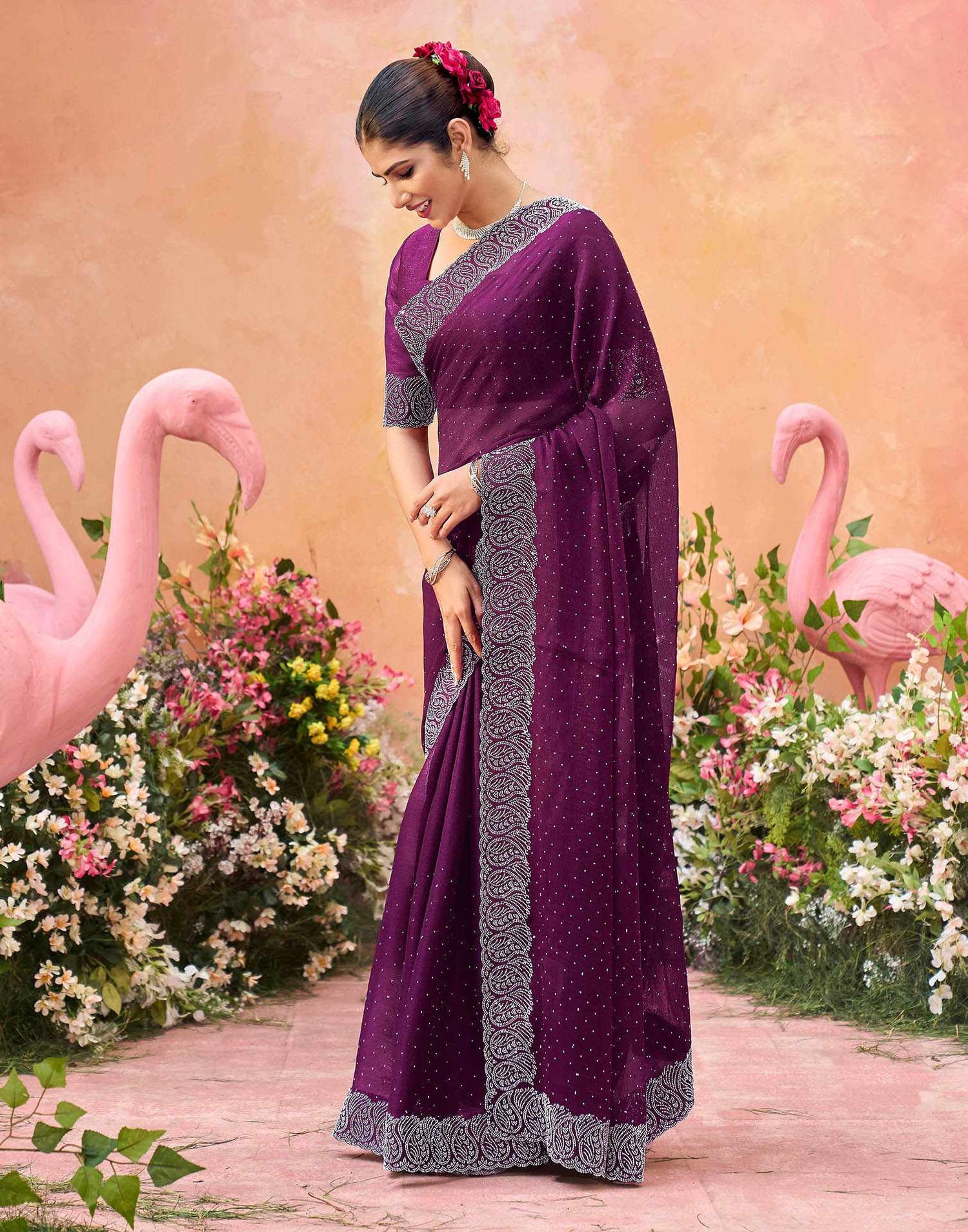 Purple Shimmer Stone Work Swarovski Saree