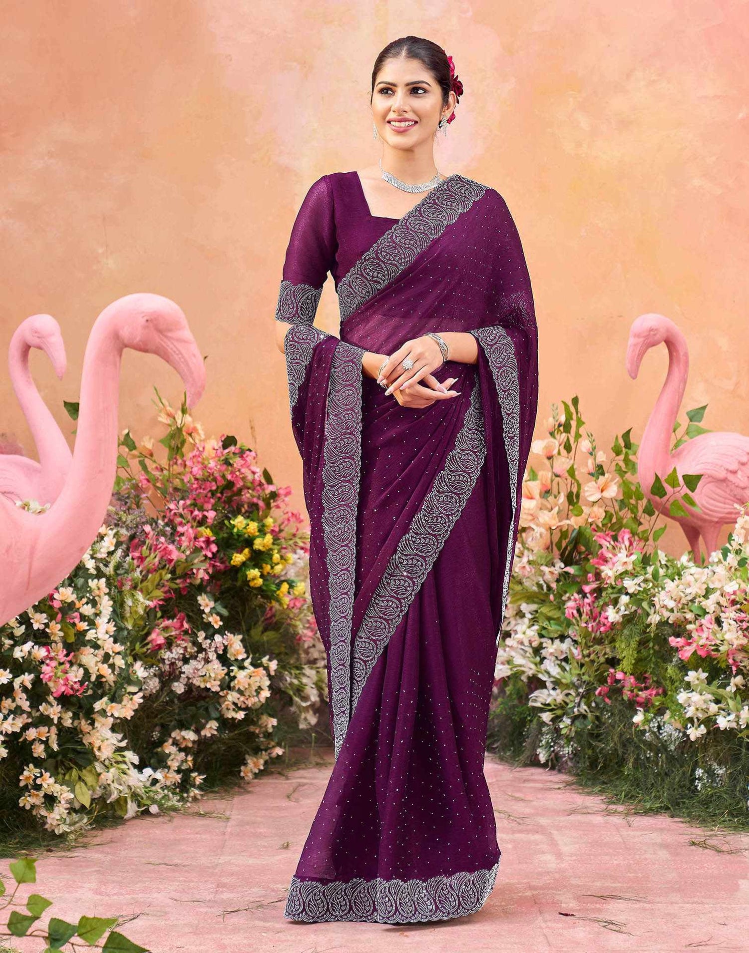 Purple Shimmer Stone Work Swarovski Saree