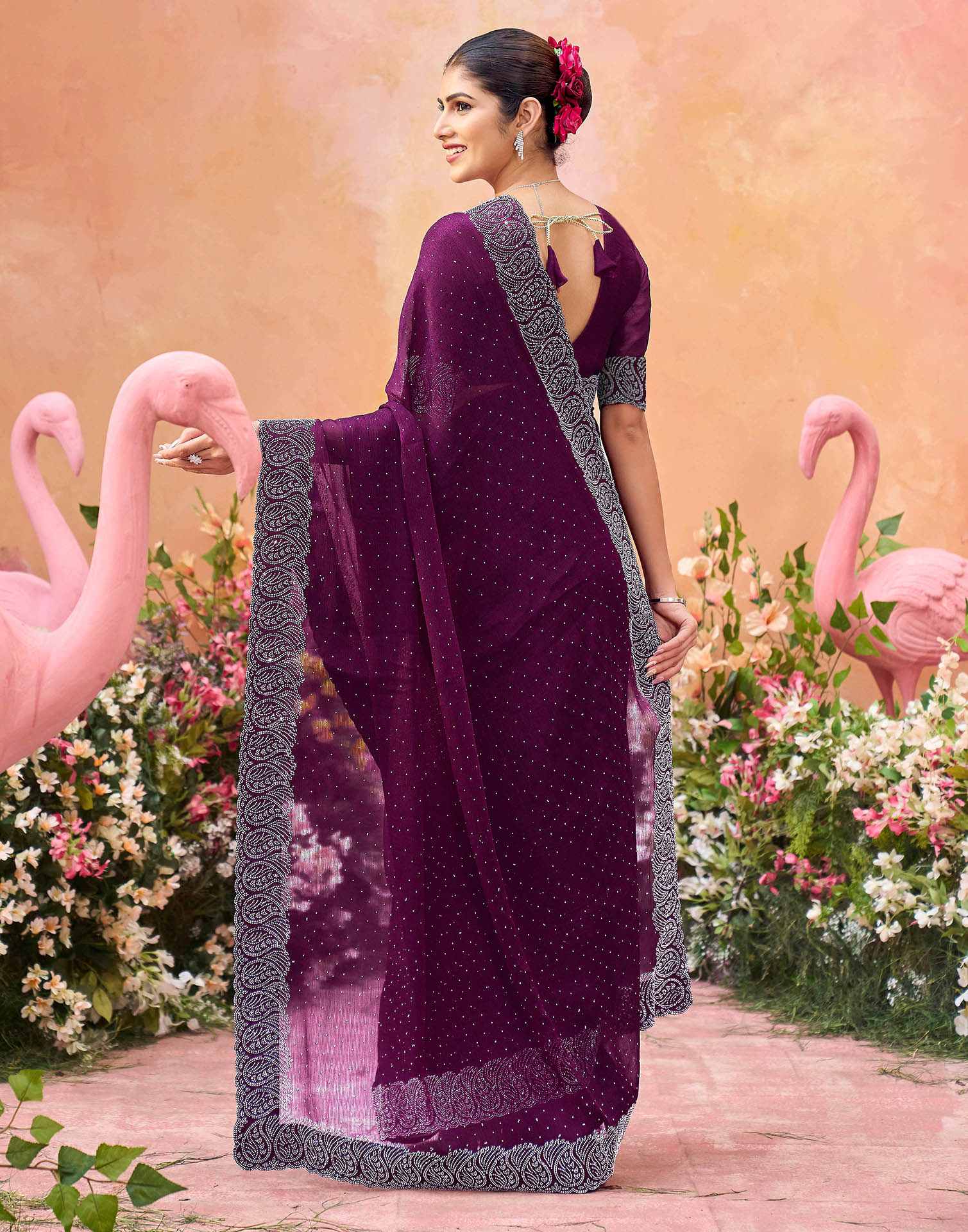 Purple Shimmer Stone Work Swarovski Saree