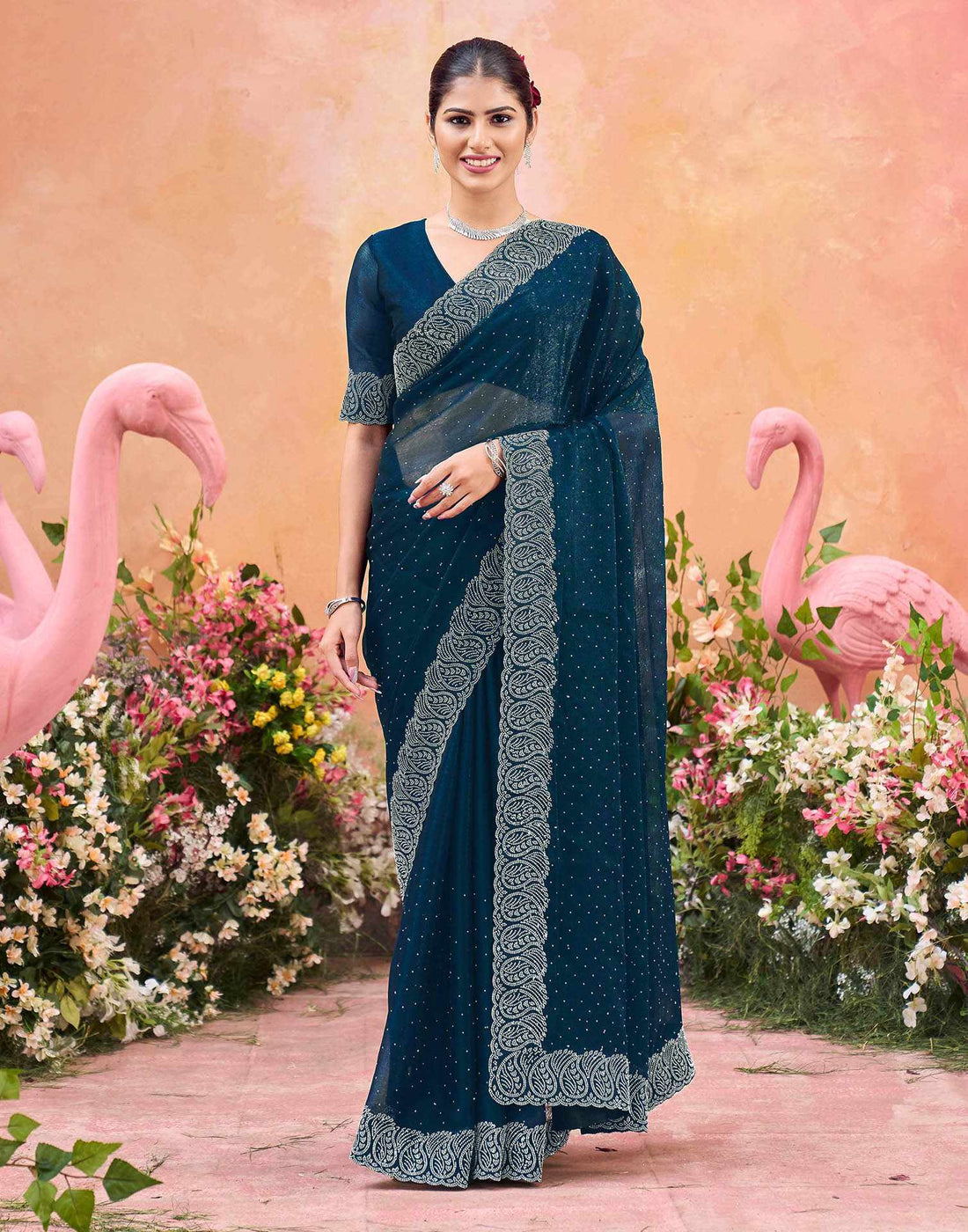 Navy Blue Shimmer Stone Work Swarovski Saree