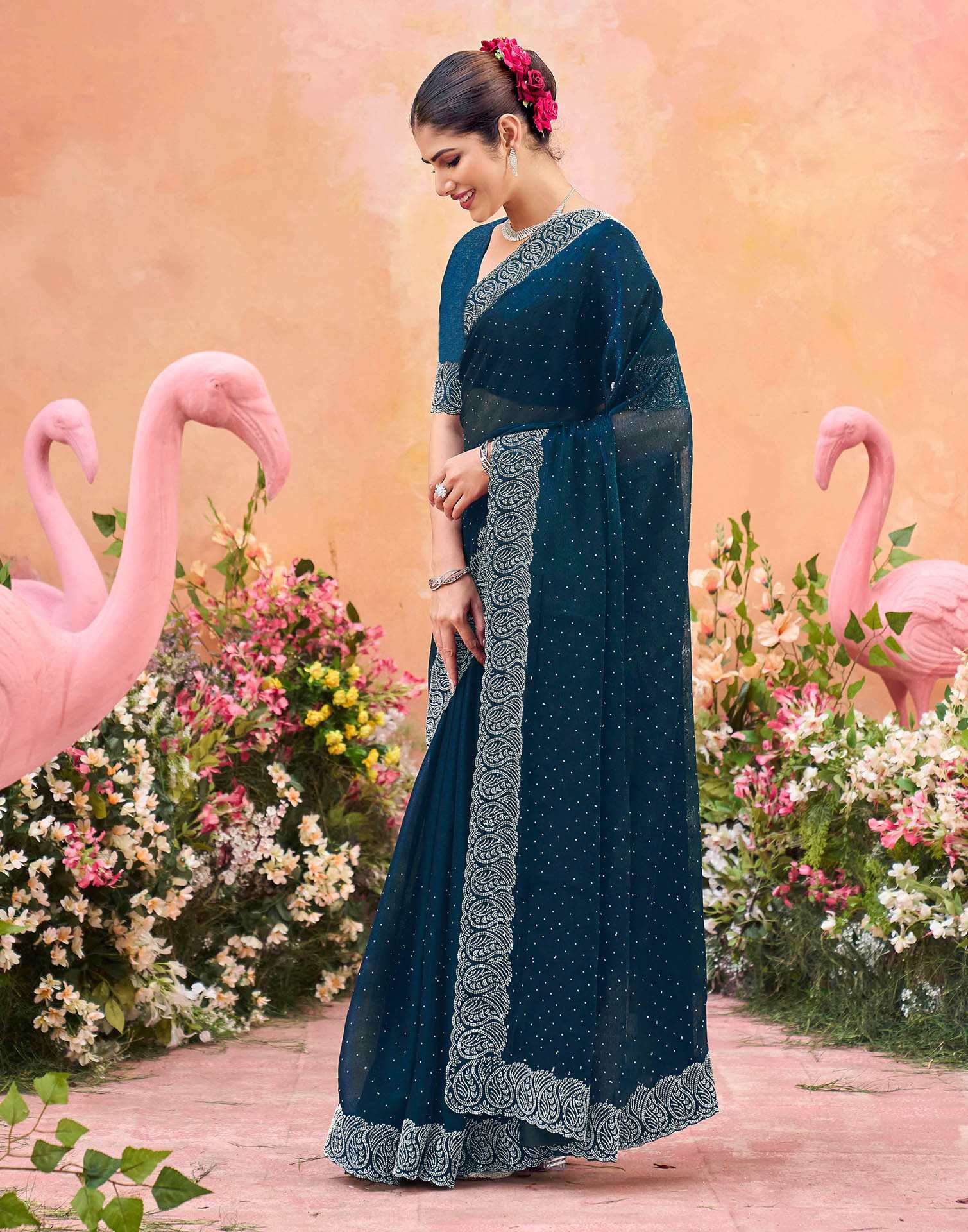 Navy Blue Shimmer Stone Work Swarovski Saree