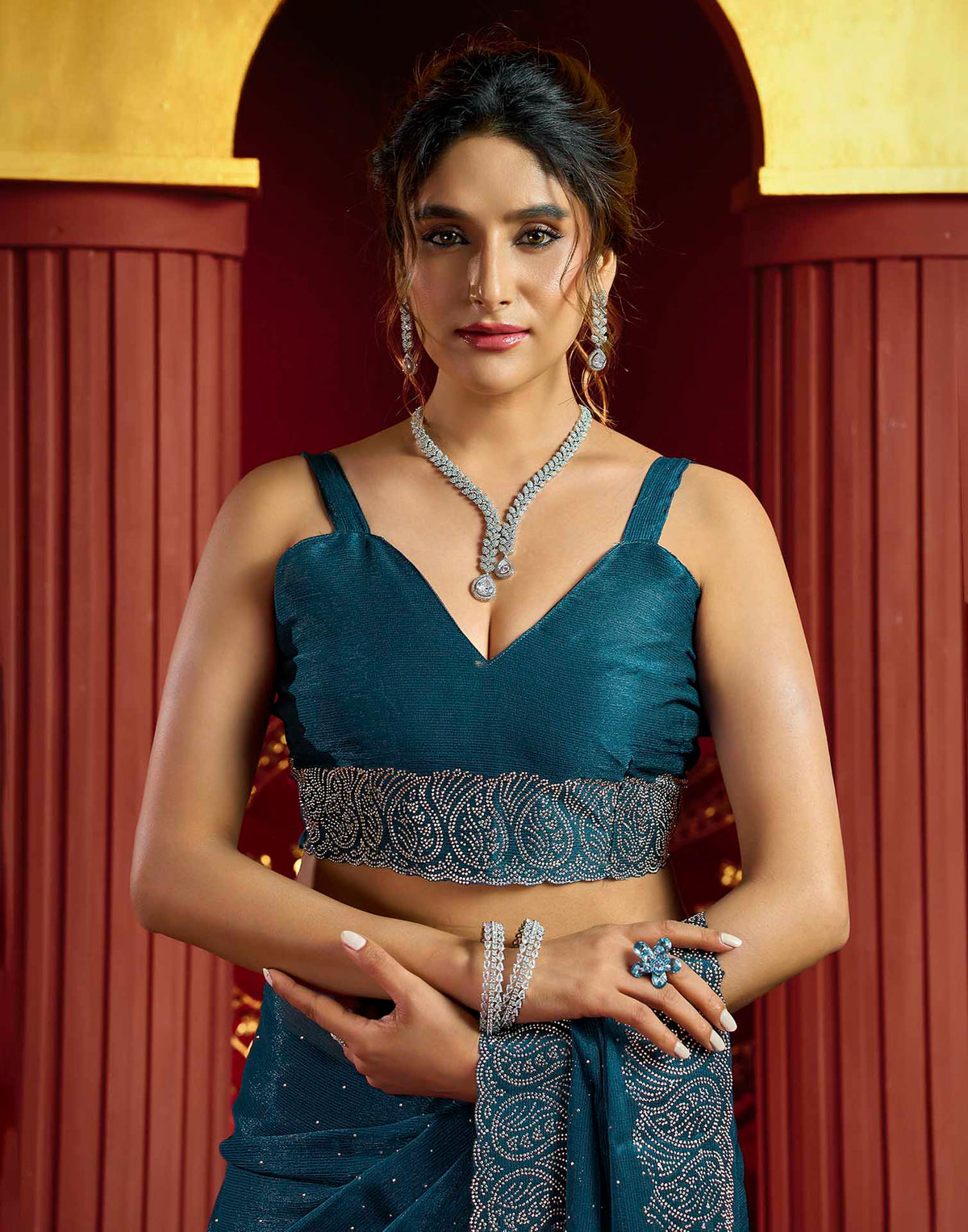 Navy Blue Shimmer Stone Work Swarovski Saree