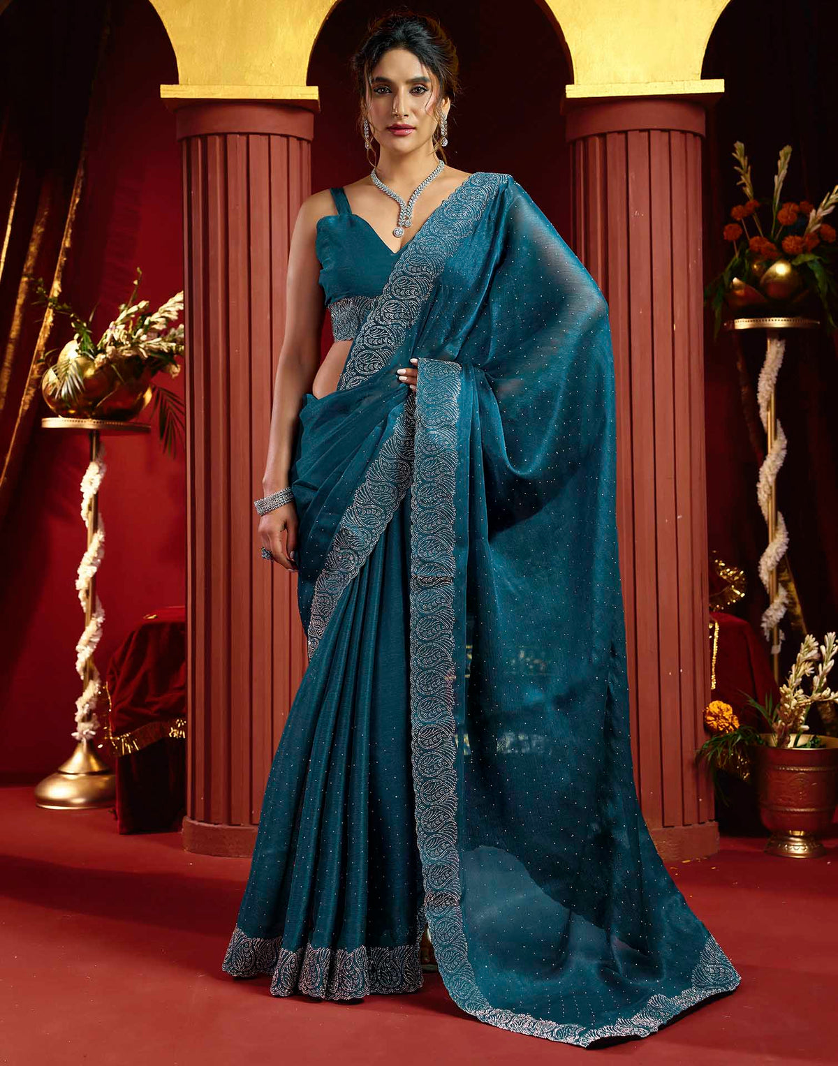 Navy Blue Shimmer Stone Work Swarovski Saree