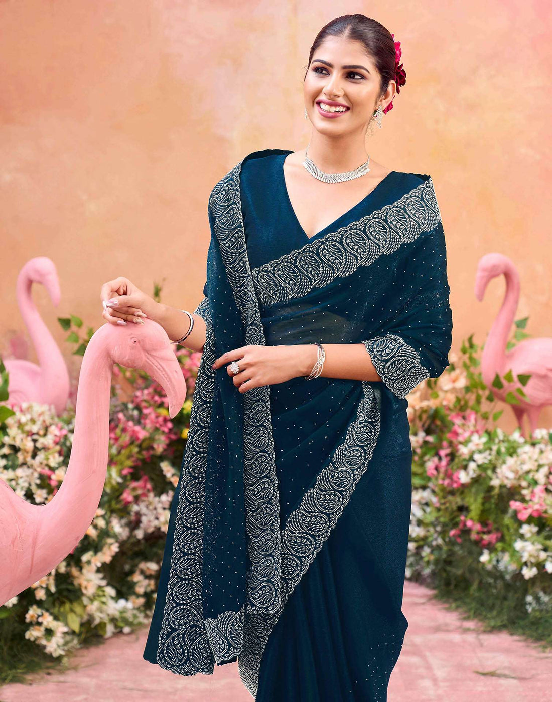 Navy Blue Shimmer Stone Work Swarovski Saree