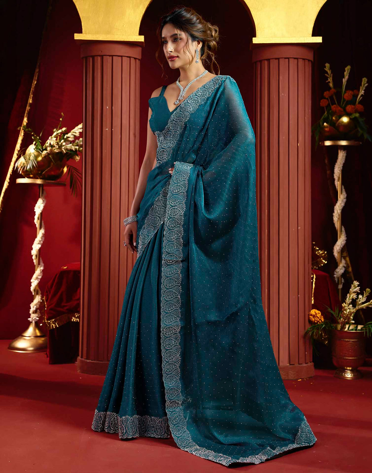Navy Blue Shimmer Stone Work Swarovski Saree