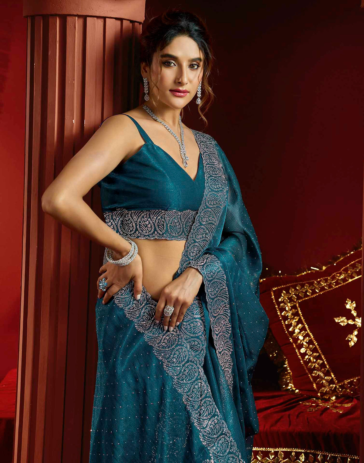 Navy Blue Shimmer Stone Work Swarovski Saree