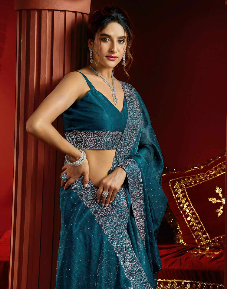 Navy Blue Shimmer Stone Work Swarovski Saree