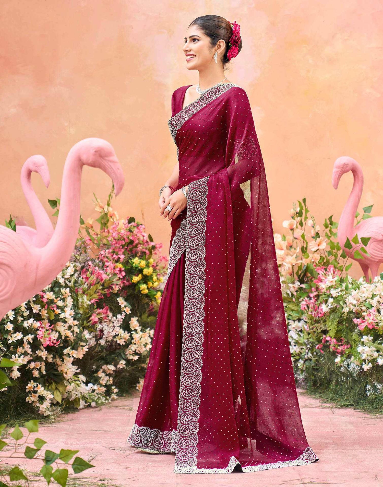 Dark Pink Shimmer Stone Work Swarovski Saree