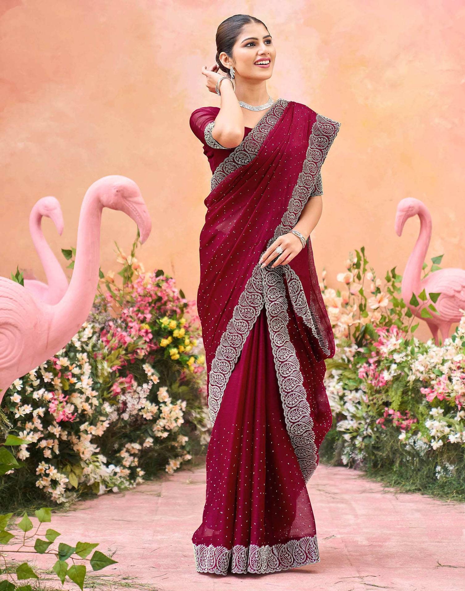 Dark Pink Shimmer Stone Work Swarovski Saree