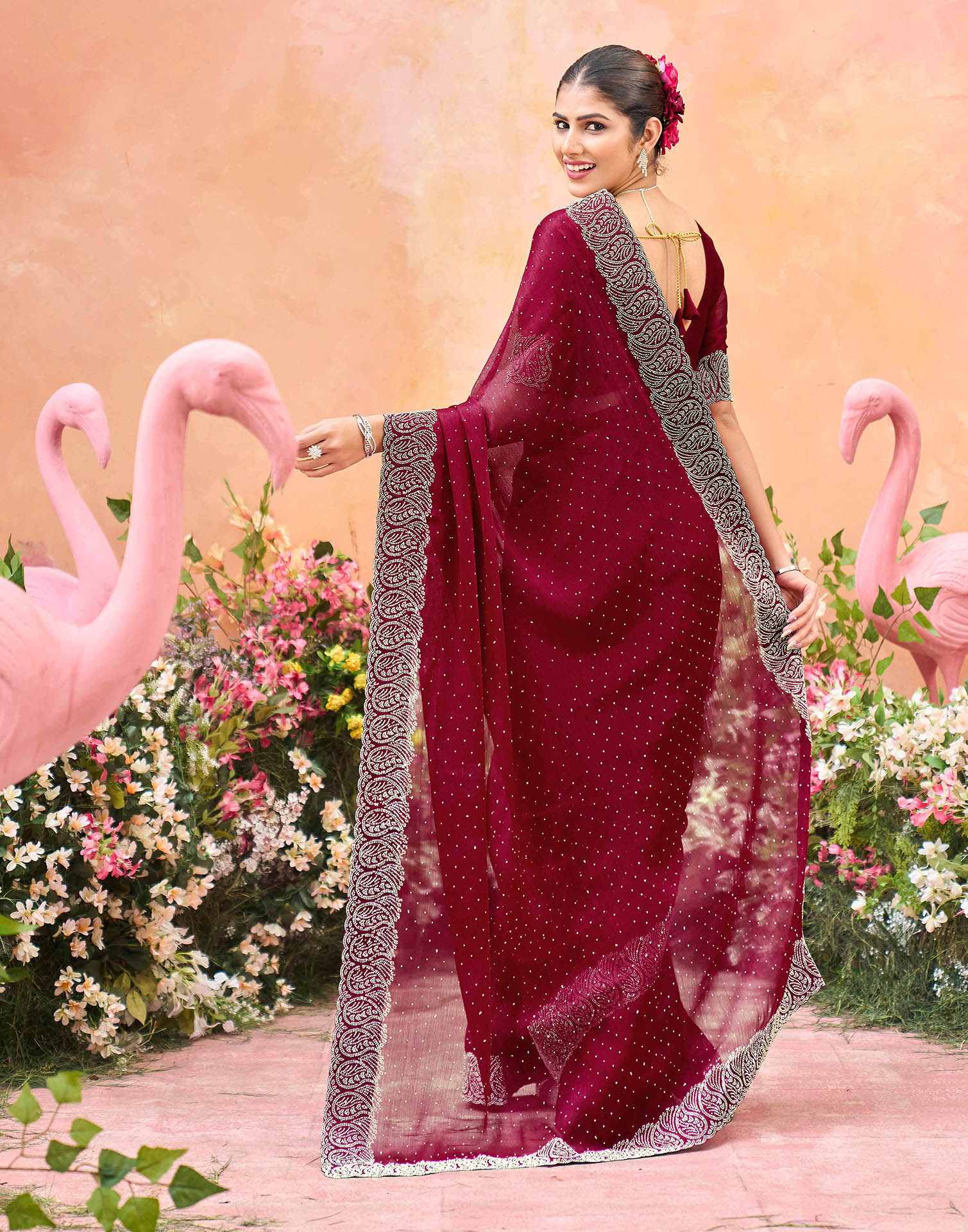 Dark Pink Shimmer Stone Work Swarovski Saree