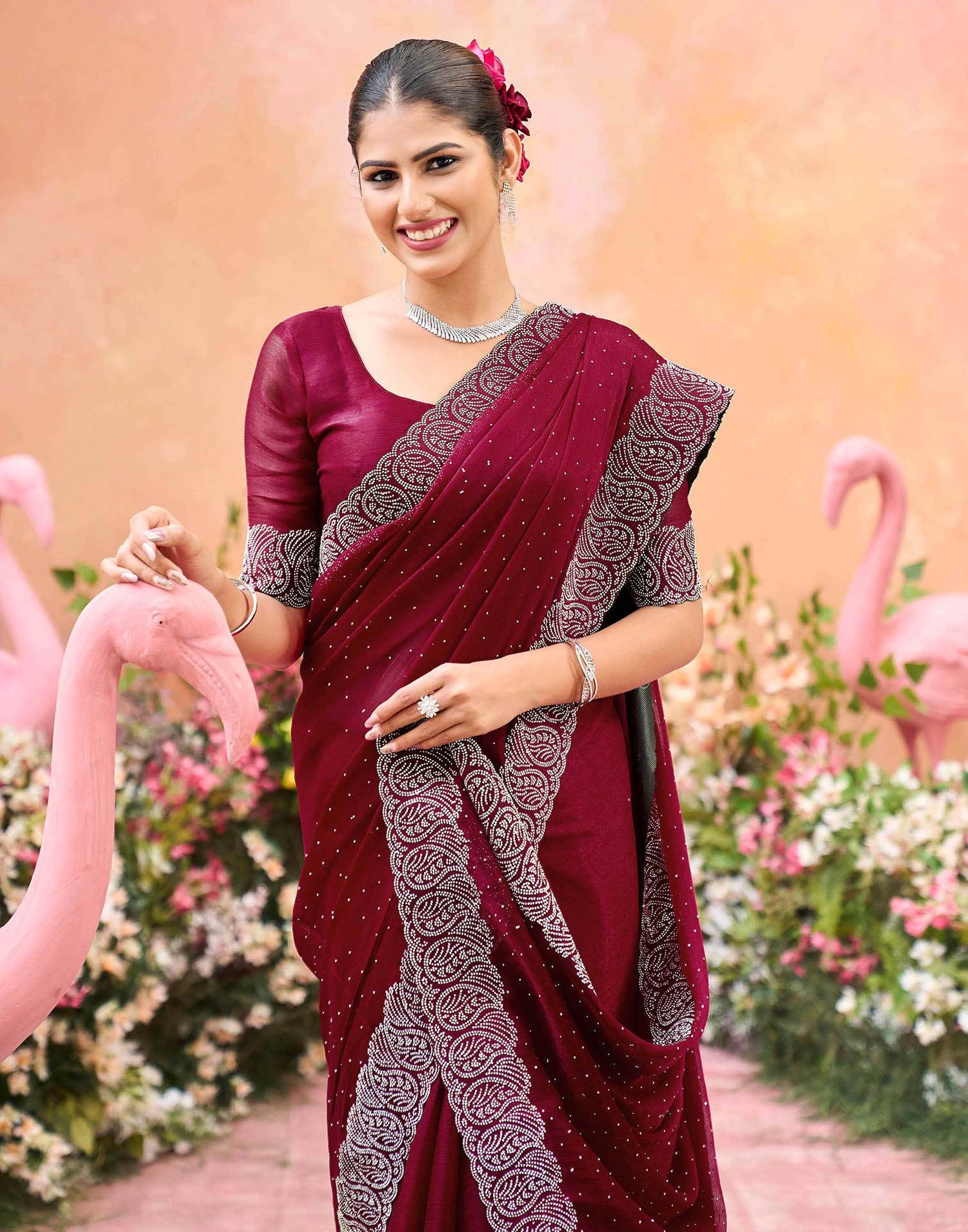 Dark Pink Shimmer Stone Work Swarovski Saree