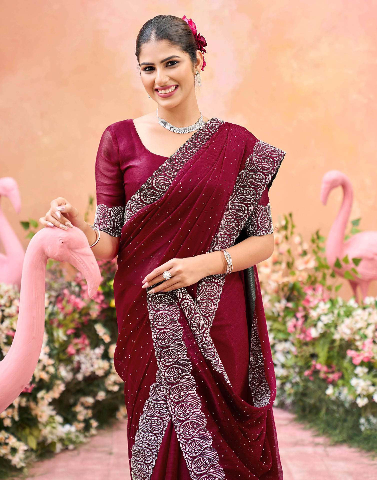 Dark Pink Shimmer Stone Work Swarovski Saree