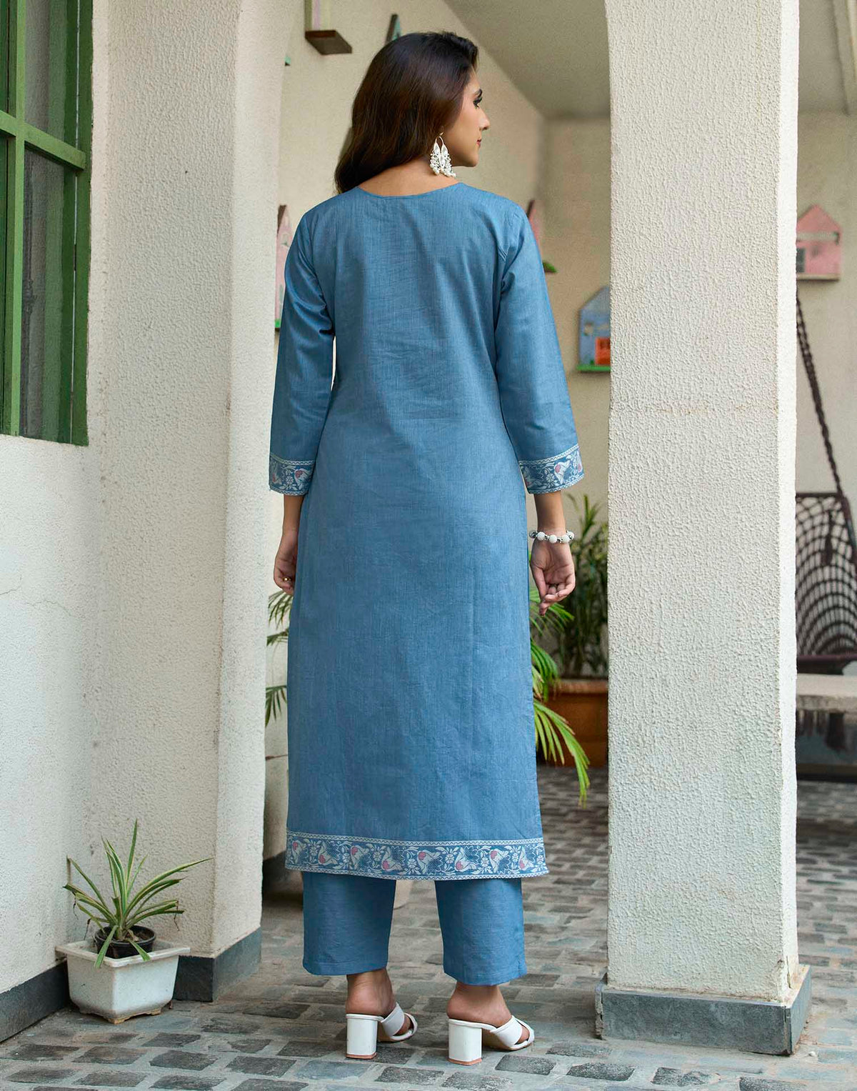Denim Blue Pure Cotton Woven Straight Kurta Set With Dupatta