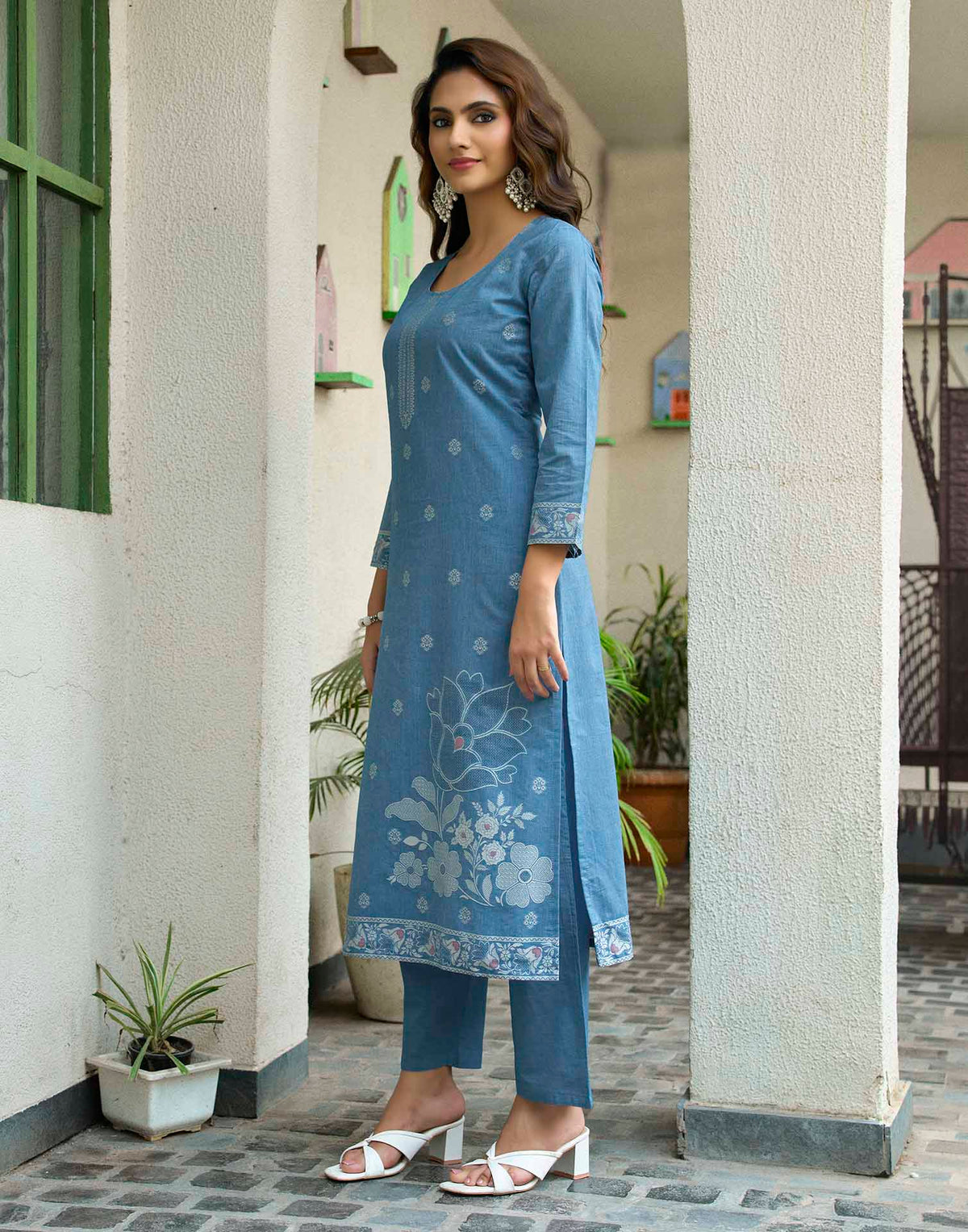 Denim Blue Pure Cotton Woven Straight Kurta Set With Dupatta