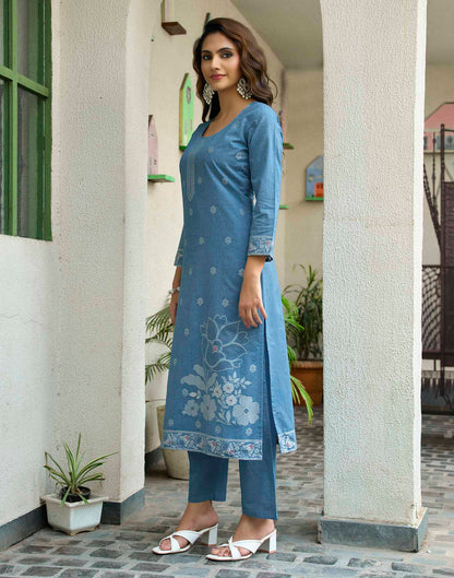 Denim Blue Pure Cotton Woven Straight Kurta Set With Dupatta