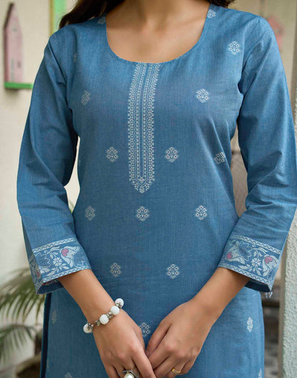 Denim Blue Pure Cotton Woven Straight Kurta Set With Dupatta