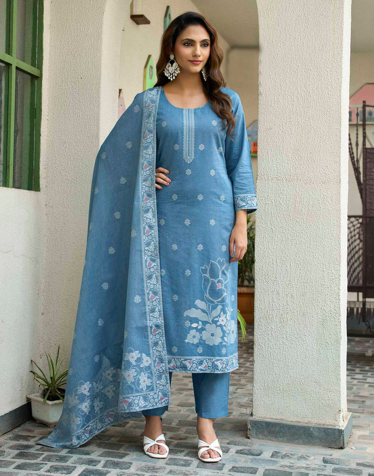 Denim Blue Pure Cotton Woven Straight Kurta Set With Dupatta