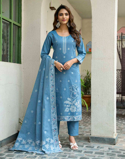 Denim Blue Pure Cotton Woven Straight Kurta Set With Dupatta