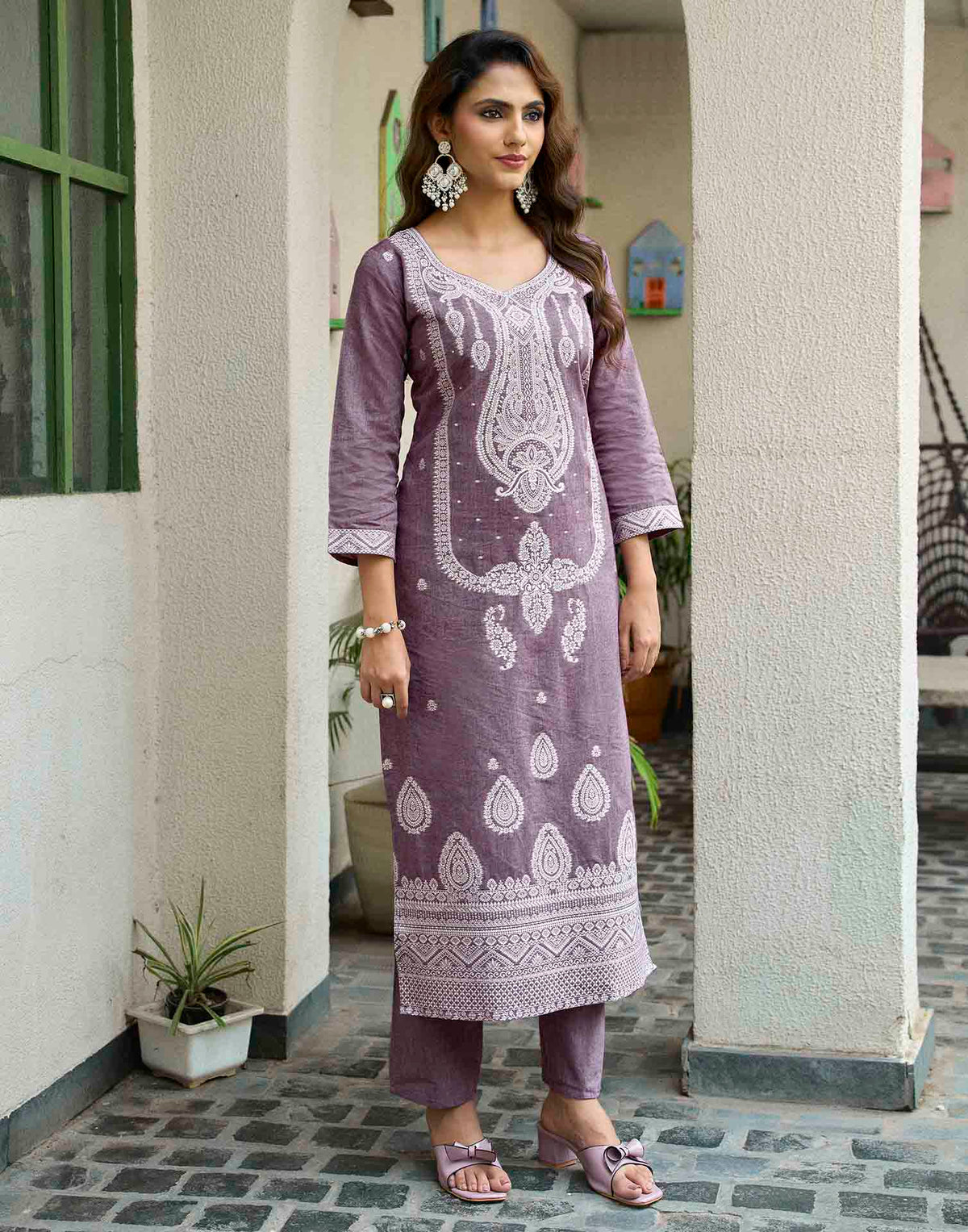 Dusty Mauve Pure Cotton Woven Straight Kurta Set With Dupatta