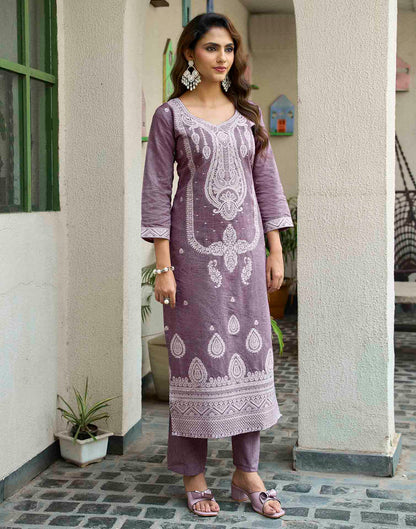 Dusty Mauve Pure Cotton Woven Straight Kurta Set With Dupatta